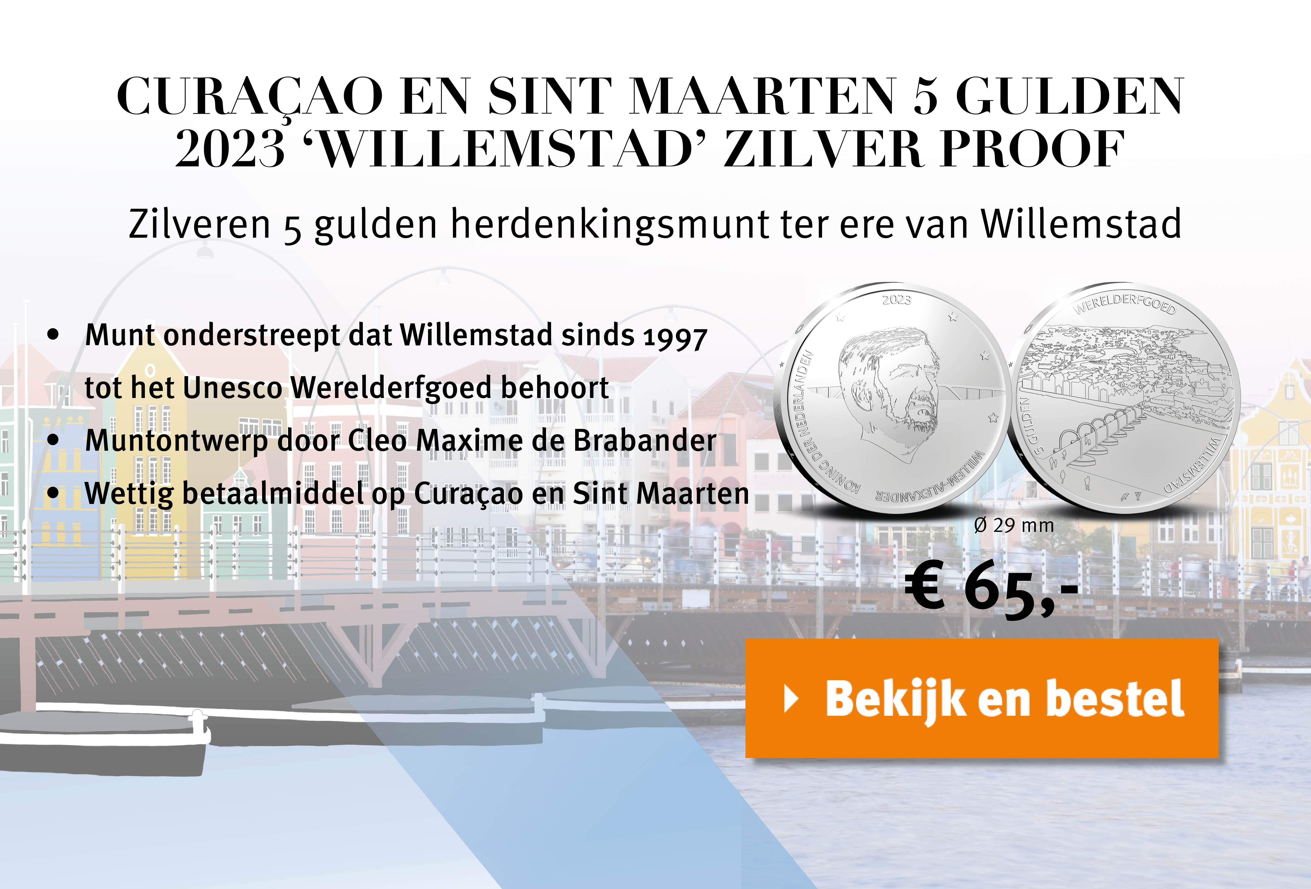 Bekijk en bestel: Curaçao en Sint Maarten 5 Gulden 2023 'Willemstad' Zilver Proof