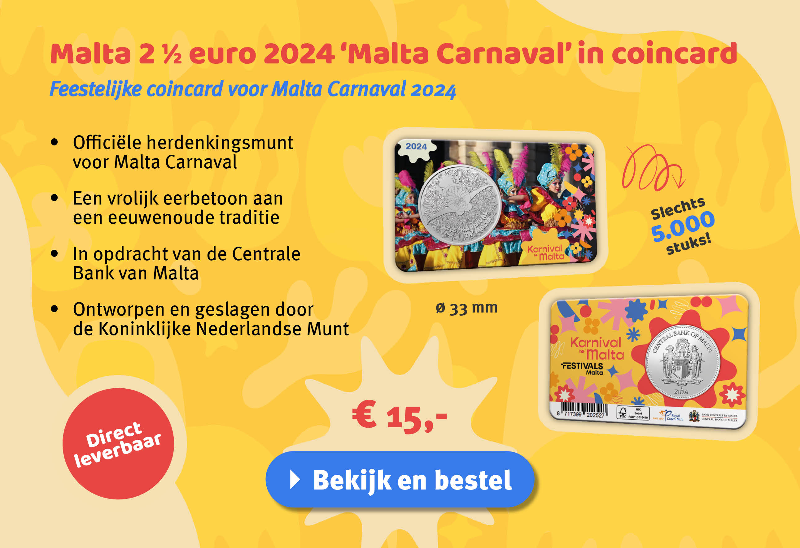 Bekijk en bestel: Malta 2,5 euro 2024 ‘Malta Carnaval’ in coincard