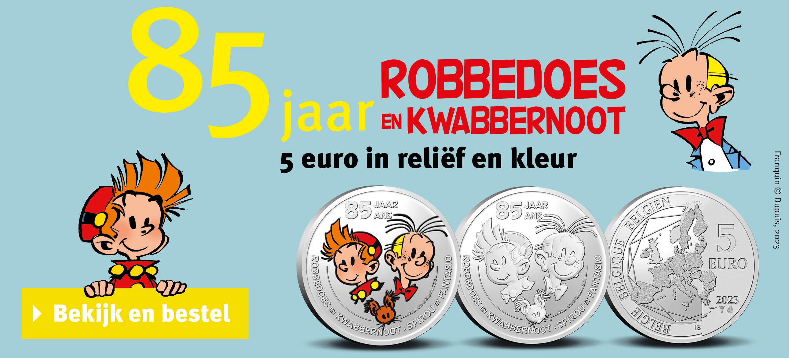 Bekijk en bestel: België 5 euromunt 2023 ‘85 jaar Robbedoes & Kwabbernoot’ 