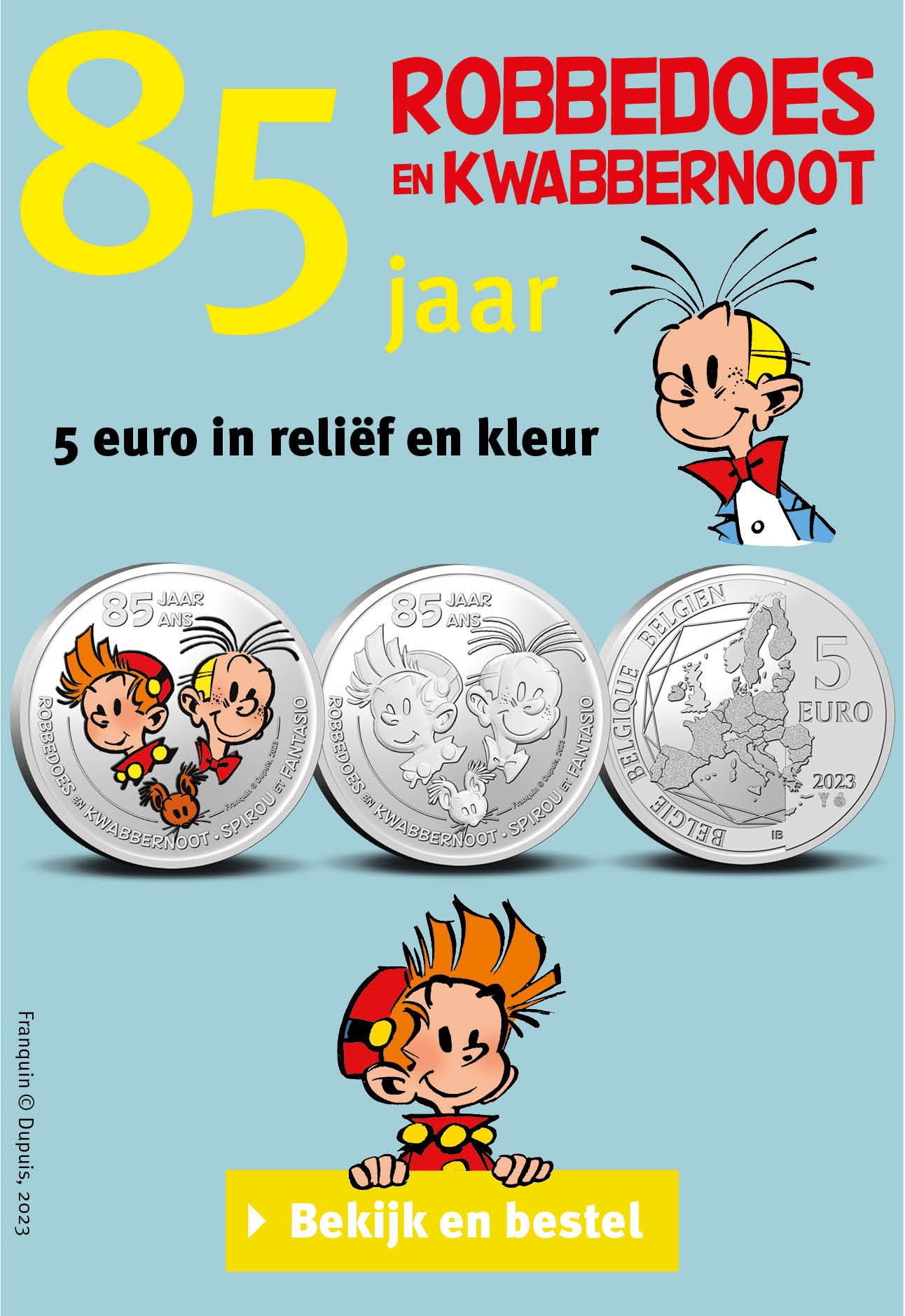 Bekijk en bestel: België 5 euromunt 2023 ‘85 jaar Robbedoes & Kwabbernoot’ 
