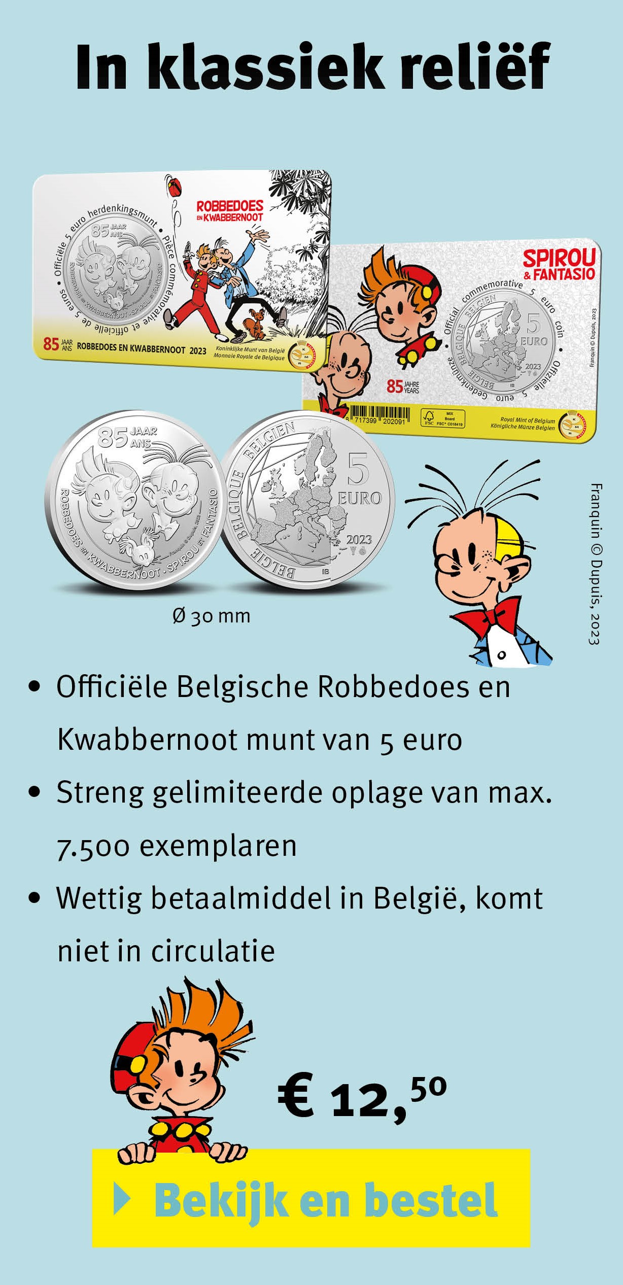Bekijk en bestel: België 5 euromunt 2023 ‘85 jaar Robbedoes & Kwabbernoot’ reliëf BU in coincard