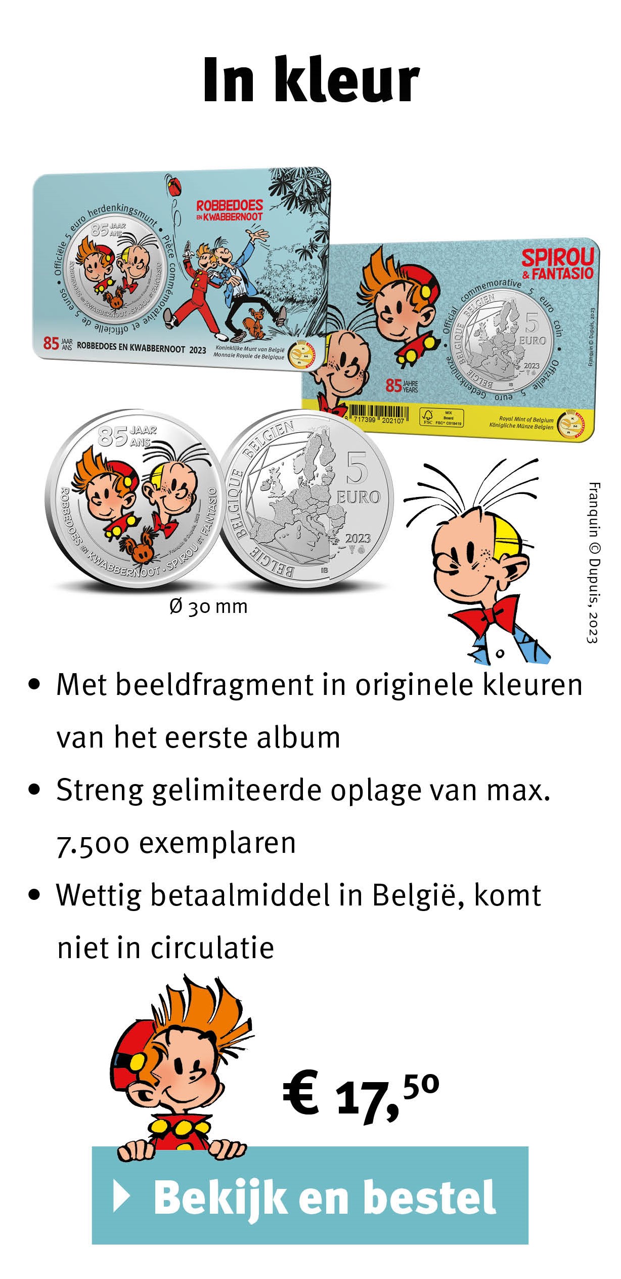 Bekijk en bestel: België 5 euromunt 2023 ‘85 jaar Robbedoes & Kwabbernoot’ kleur BU in coincard