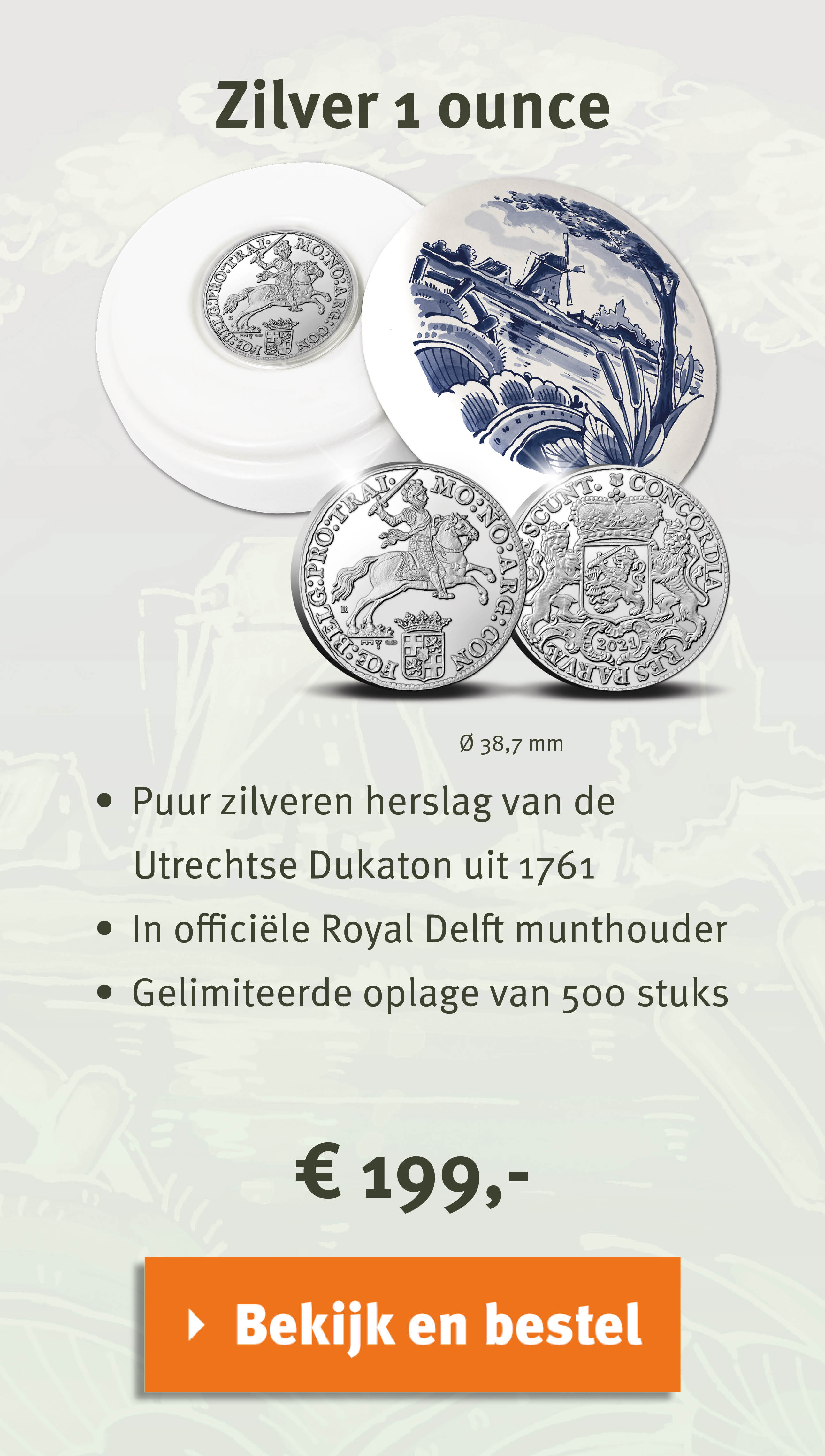 Bekijk en bestel: Officiële Herslag Dukaton 2021 ‘Zilveren Rijder’ 1 ounce - Royal Delft editie