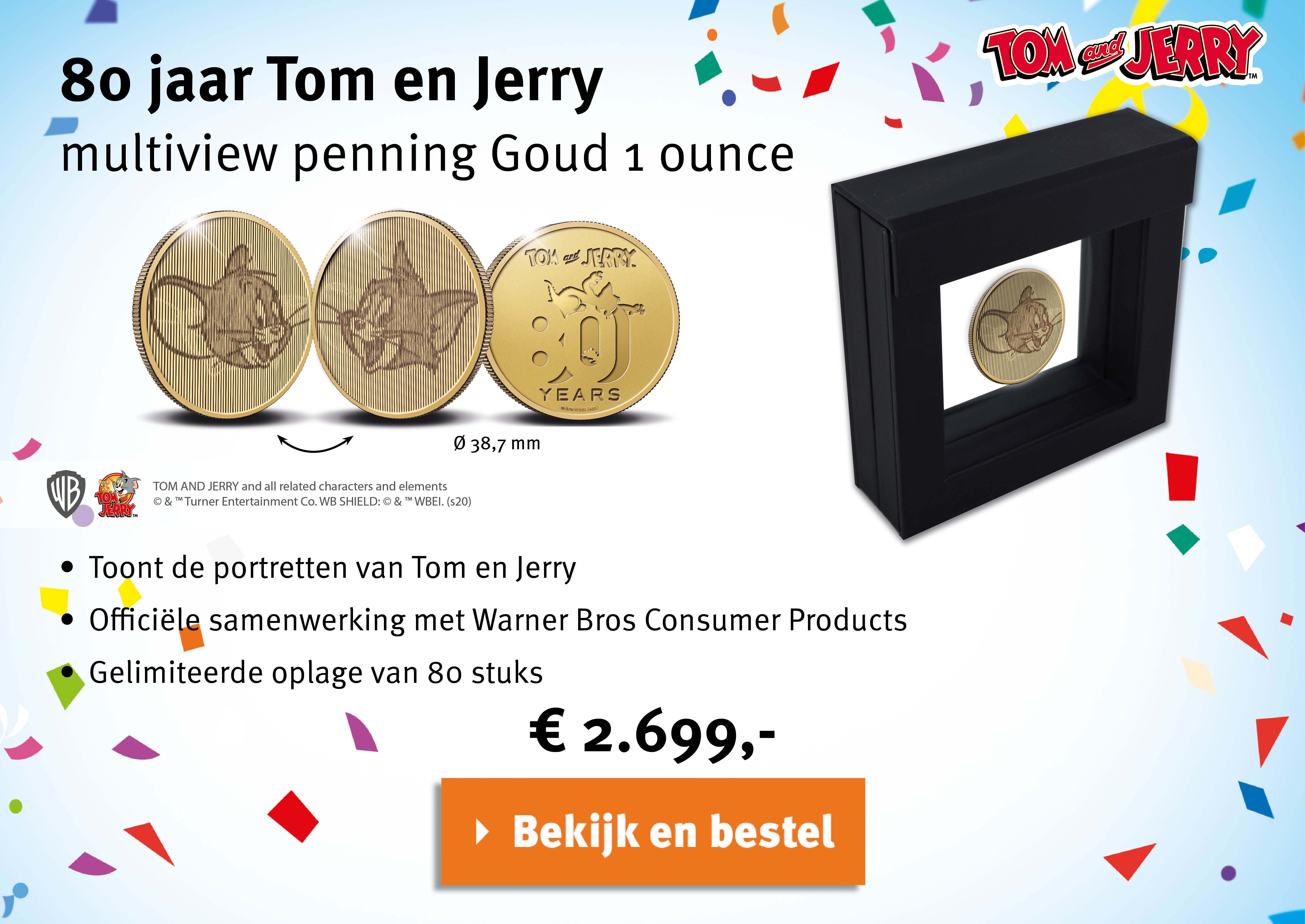 Bekijk en bestel: 80 jaar Tom en Jerry multiview penning Goud 1 ounce