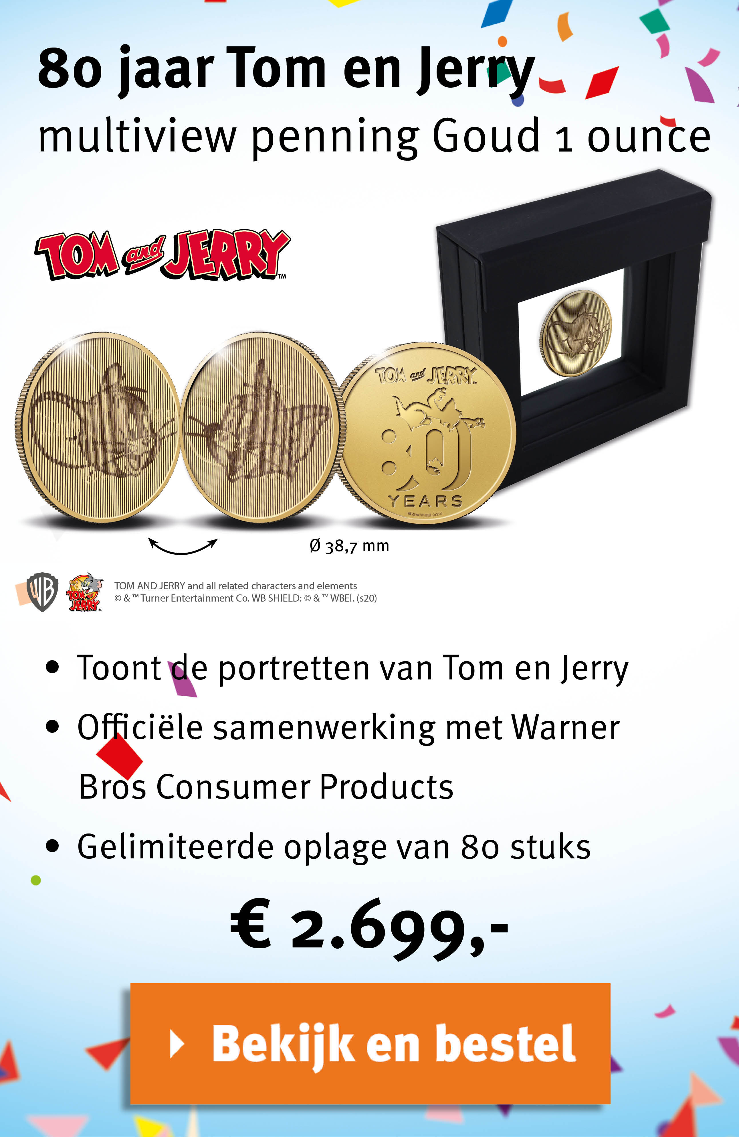 Bekijk en bestel: 80 jaar Tom en Jerry multiview penning Goud 1 ounce