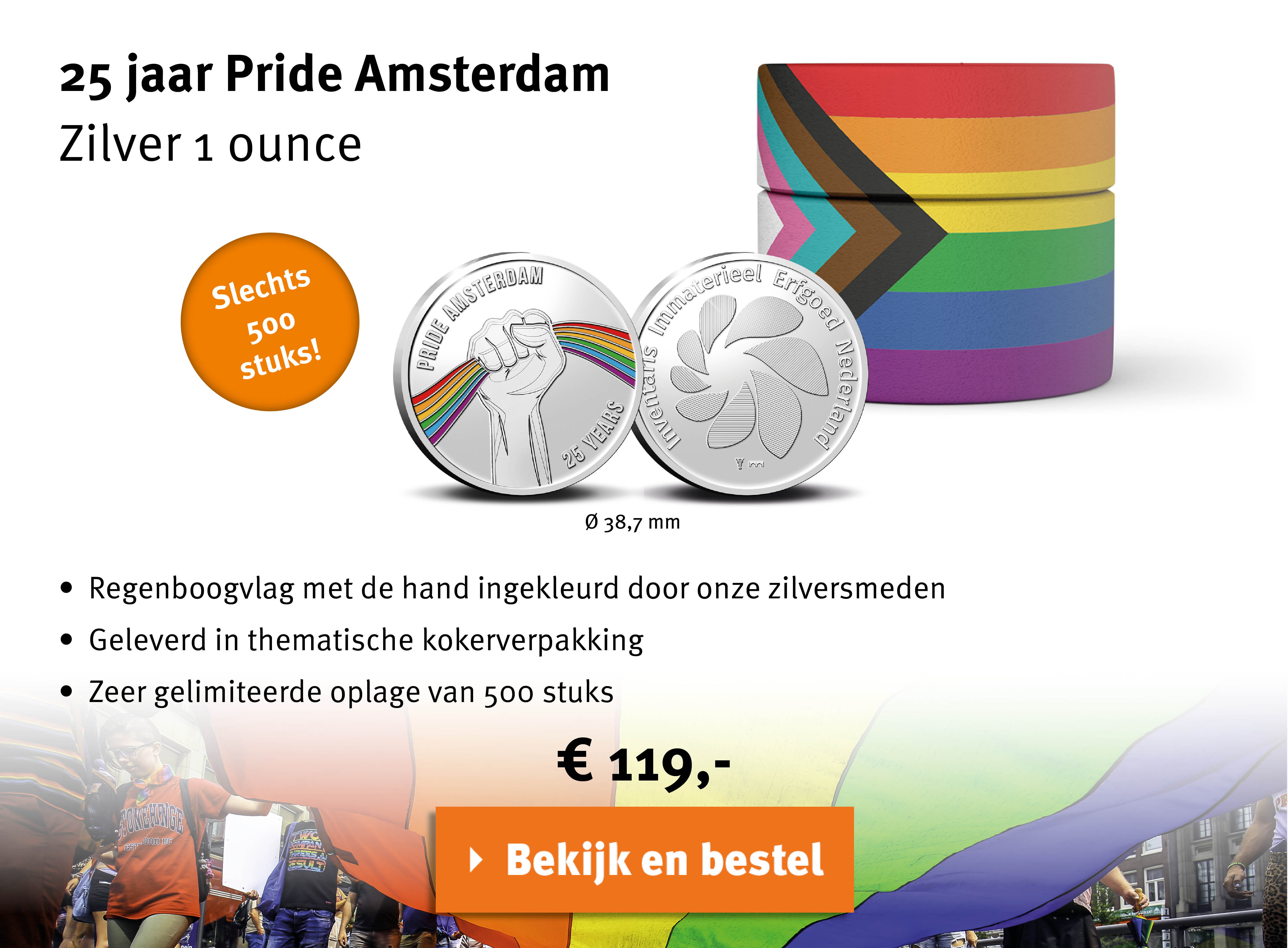 Bekijk en bestel: 25 jaar Pride Amsterdam Zilver 1 ounce