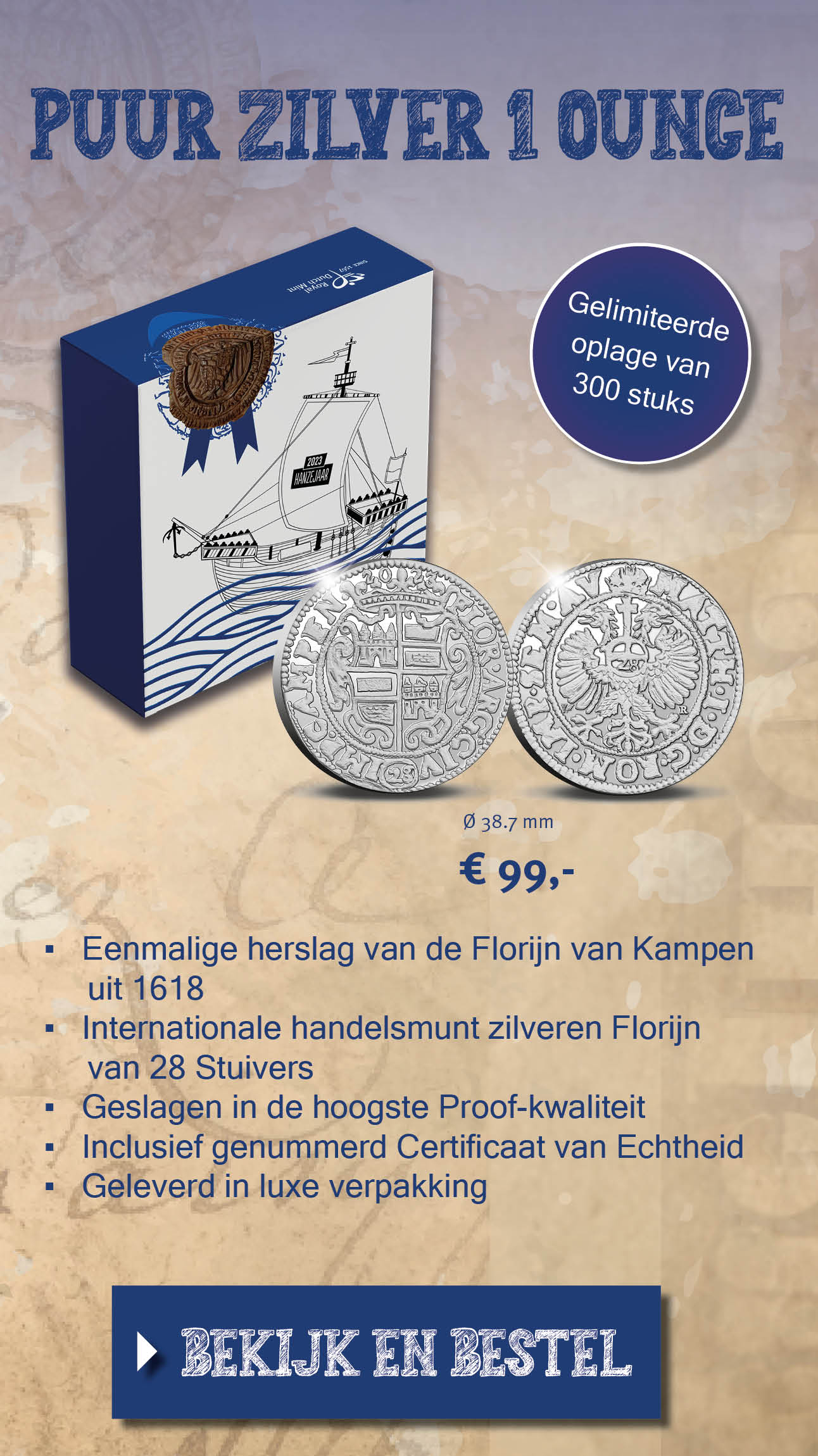 Bekijk en bestel: Officiële Herslag: Florijn van Kampen 2023 Zilver 1 ounce 