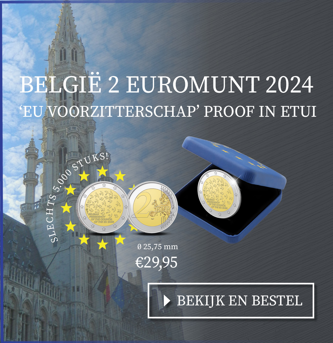 Bekijk en bestel: België 2 euromunt 2024 ‘EU Voorzitterschap’ Proof in etui