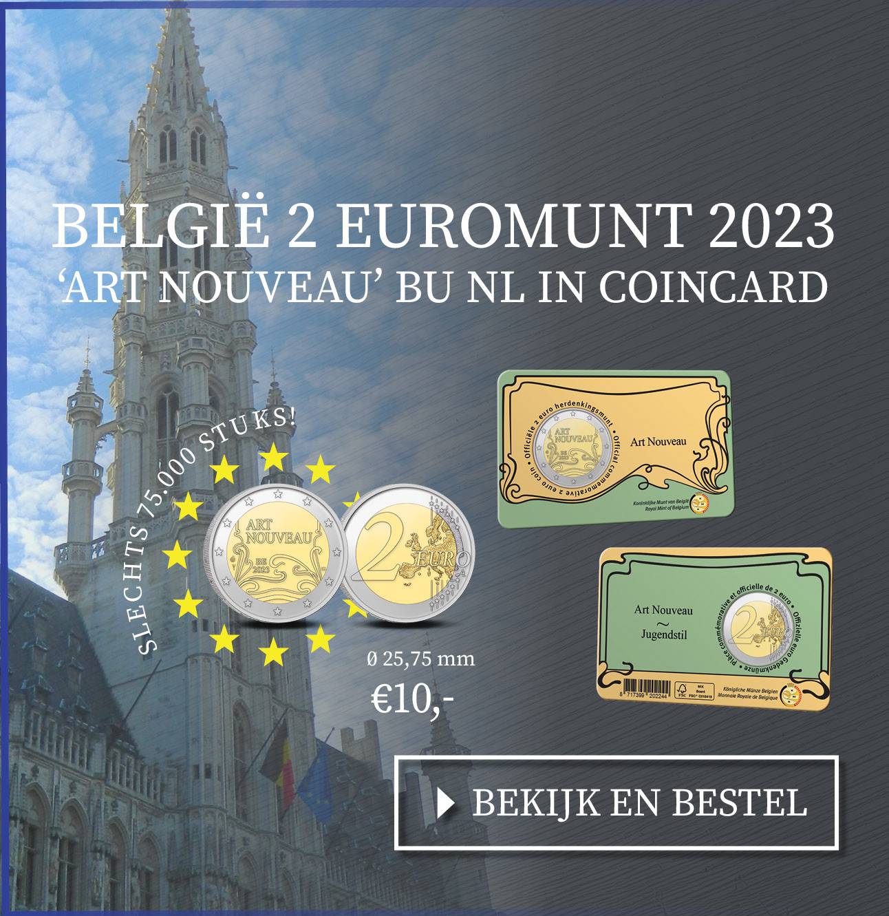 Bekijk en bestel: België 2 euromunt 2023 ‘Art Nouveau’ BU in coincard NL