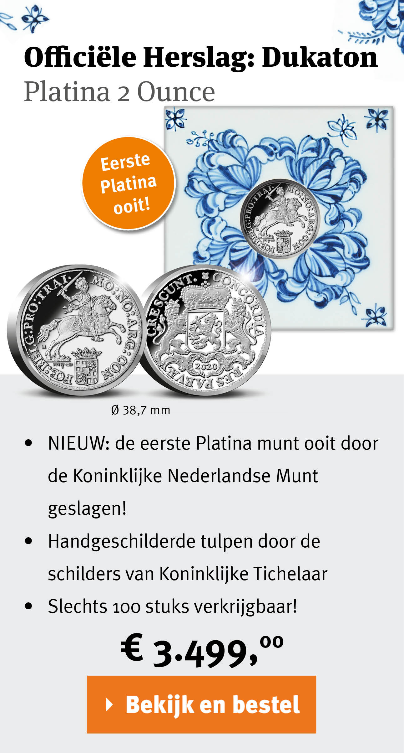 Bekijk en bestel: Officiële Herslag: Dukaton Platina 2 Ounce - Koninklijke Tichelaar editie