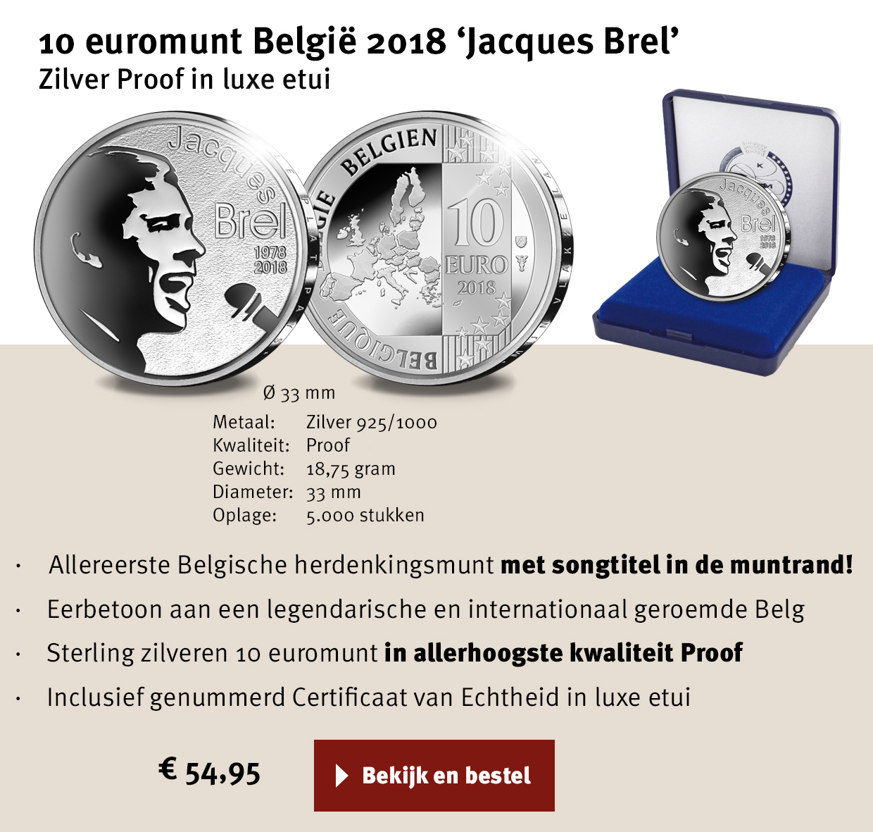 Bekijk en bestel: 10 euromunt België 2018 ‘Jacques Brel’ Zilver Proof