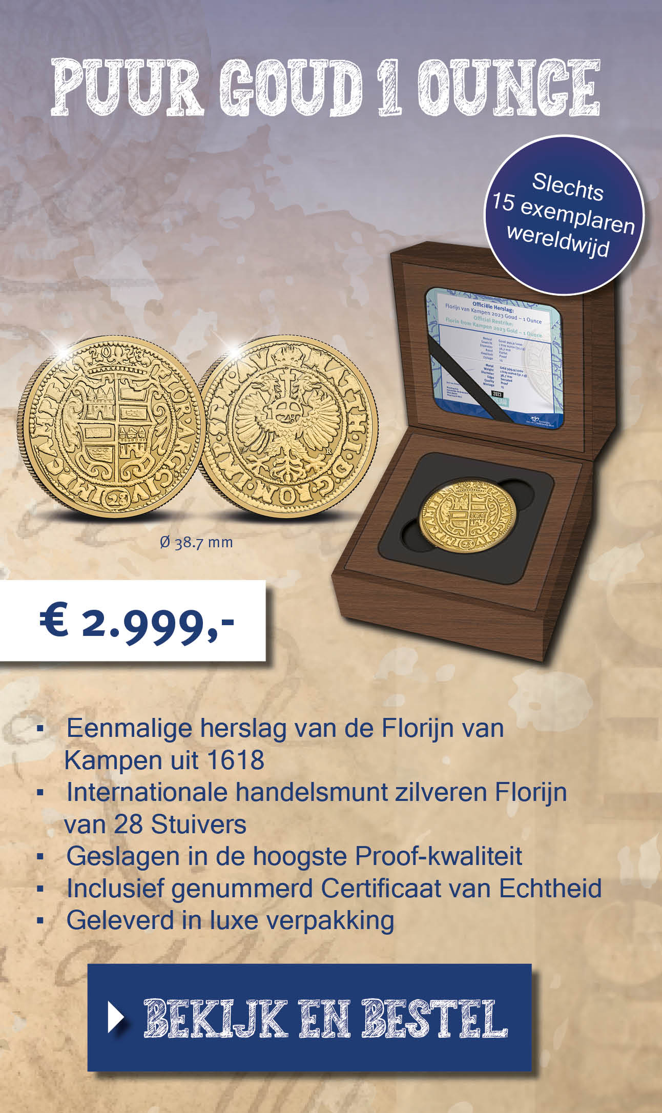 Bekijk en bestel: Officiële Herslag: Florijn van Kampen 2023 Goud 1 ounce 