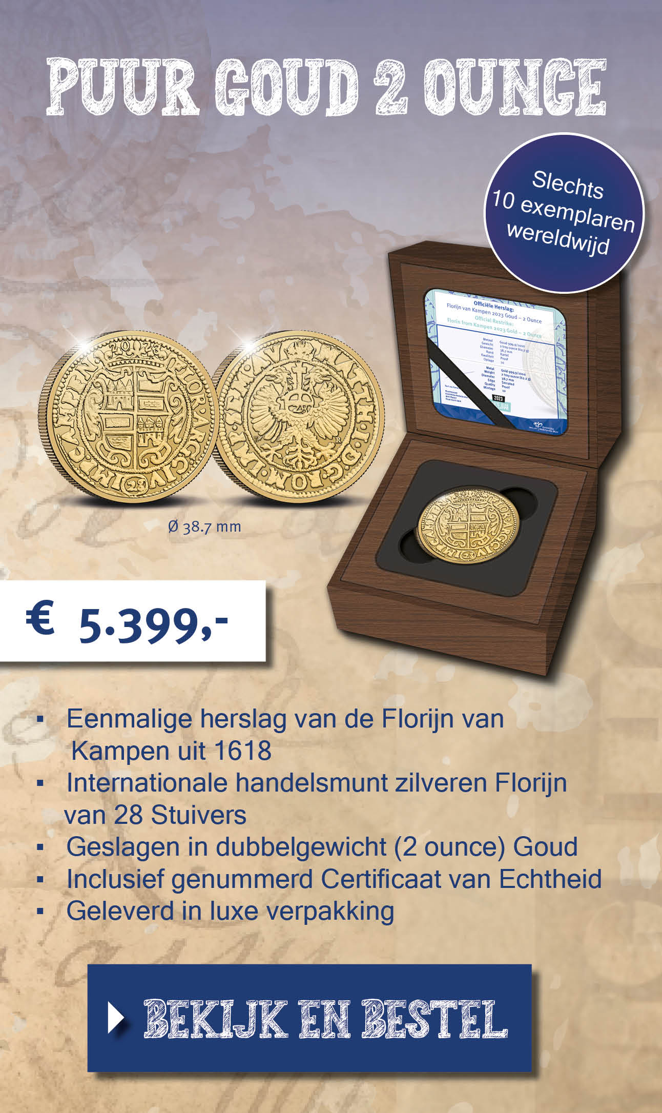 Bekijk en bestel: Officiële Herslag: Florijn van Kampen 2023 Goud 2 ounce
