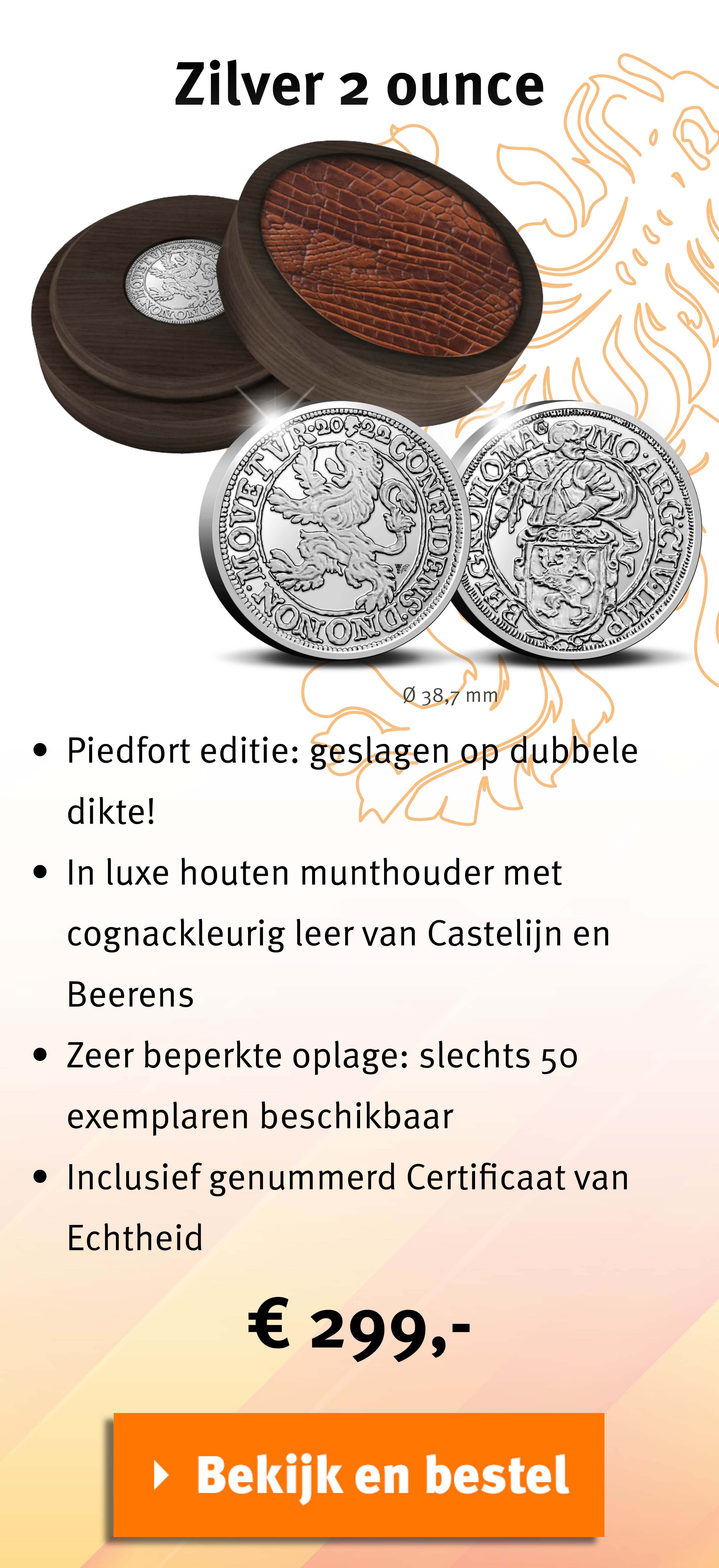 Bekijk en bestel: Officiële Herslag: Leeuwendaalder 2022 Zilver - Piedfort editie