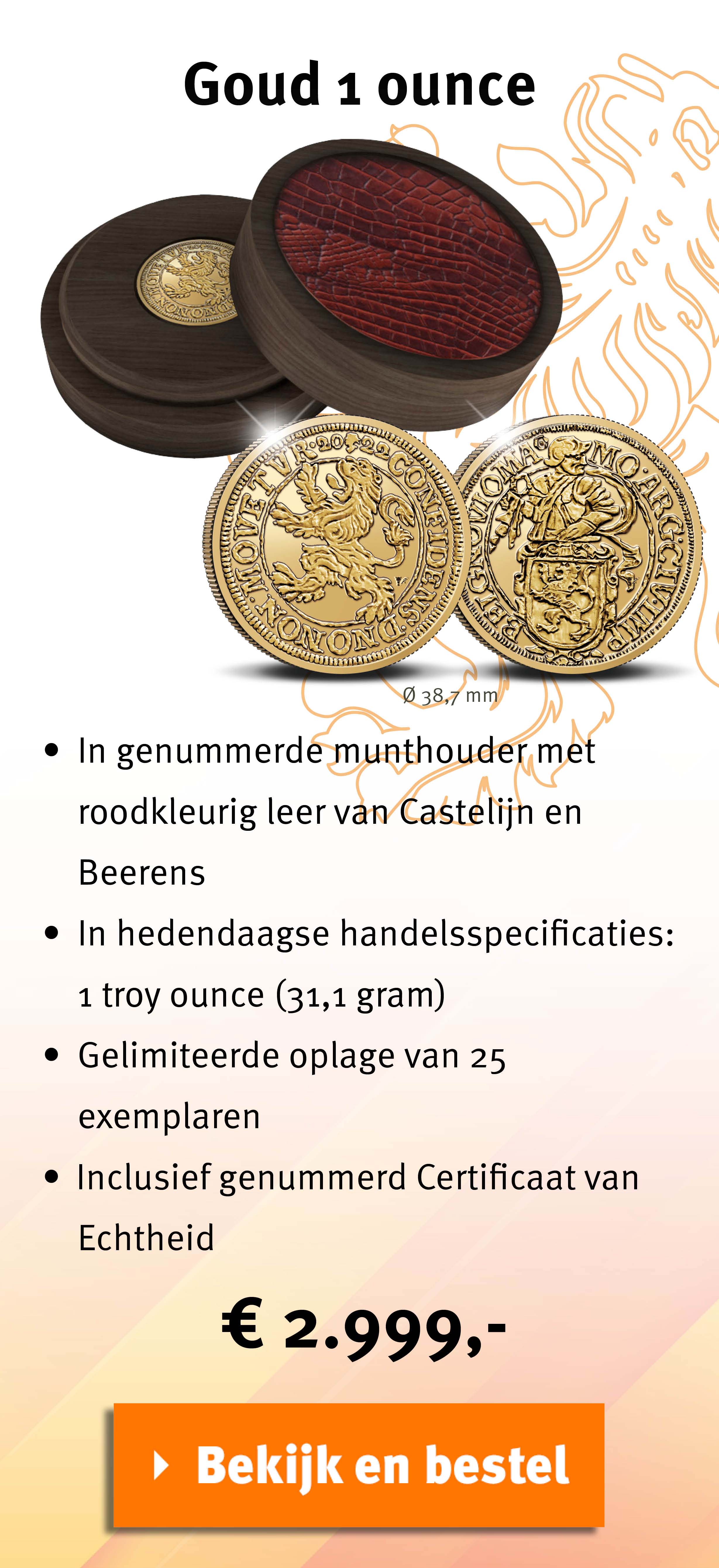 Bekijk en bestel: Officiële Herslag: Leeuwendaalder 2022 Goud 1 ounce 