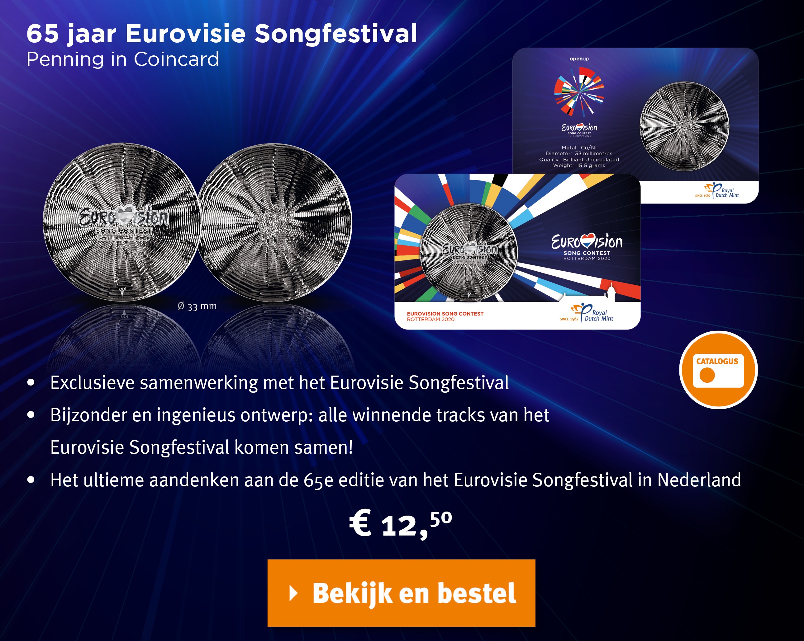 Bekijk en bestel: 65 jaar Eurovisie Songfestival Penning in coincard