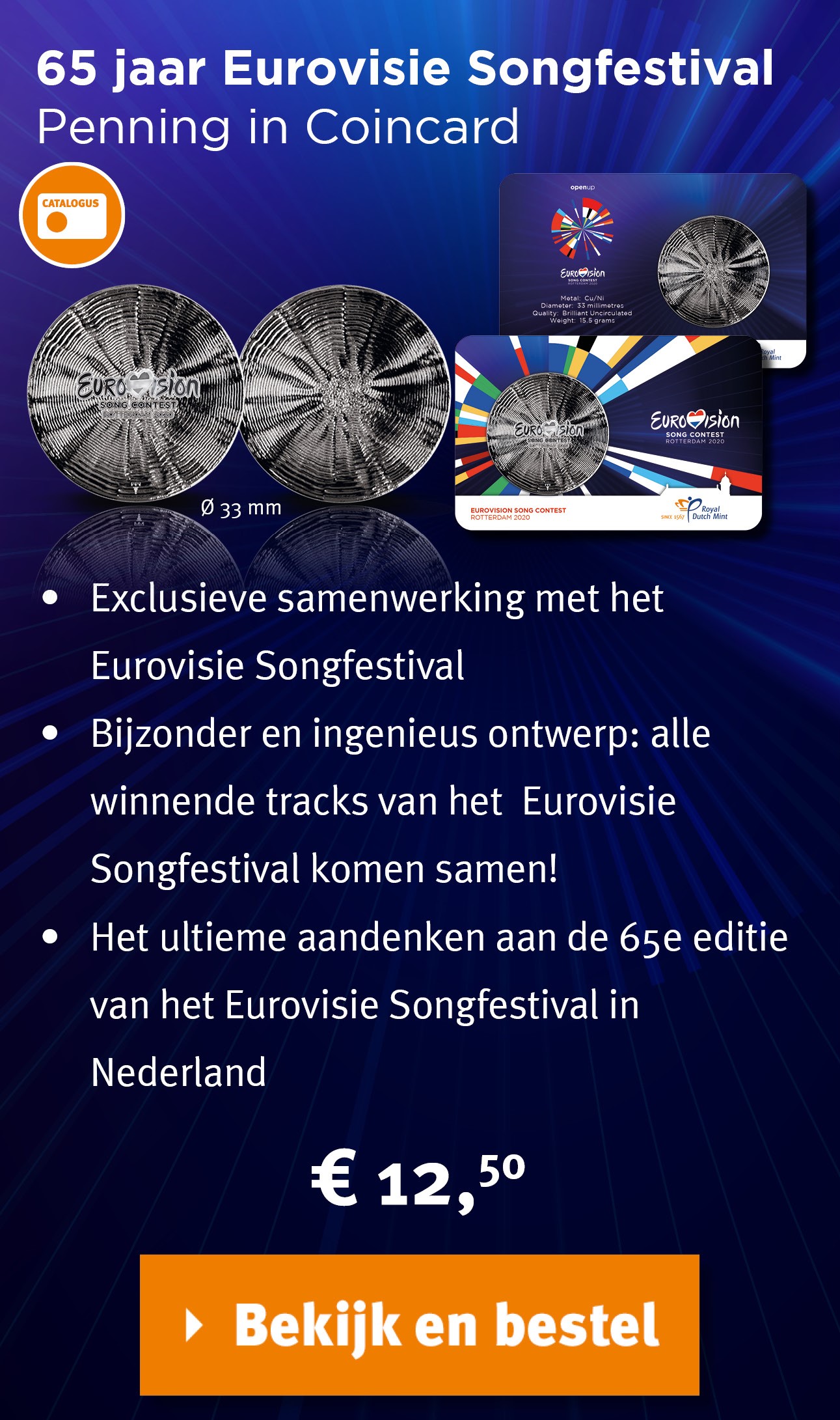 Bekijk en bestel: 65 jaar Eurovisie Songfestival Penning in coincard