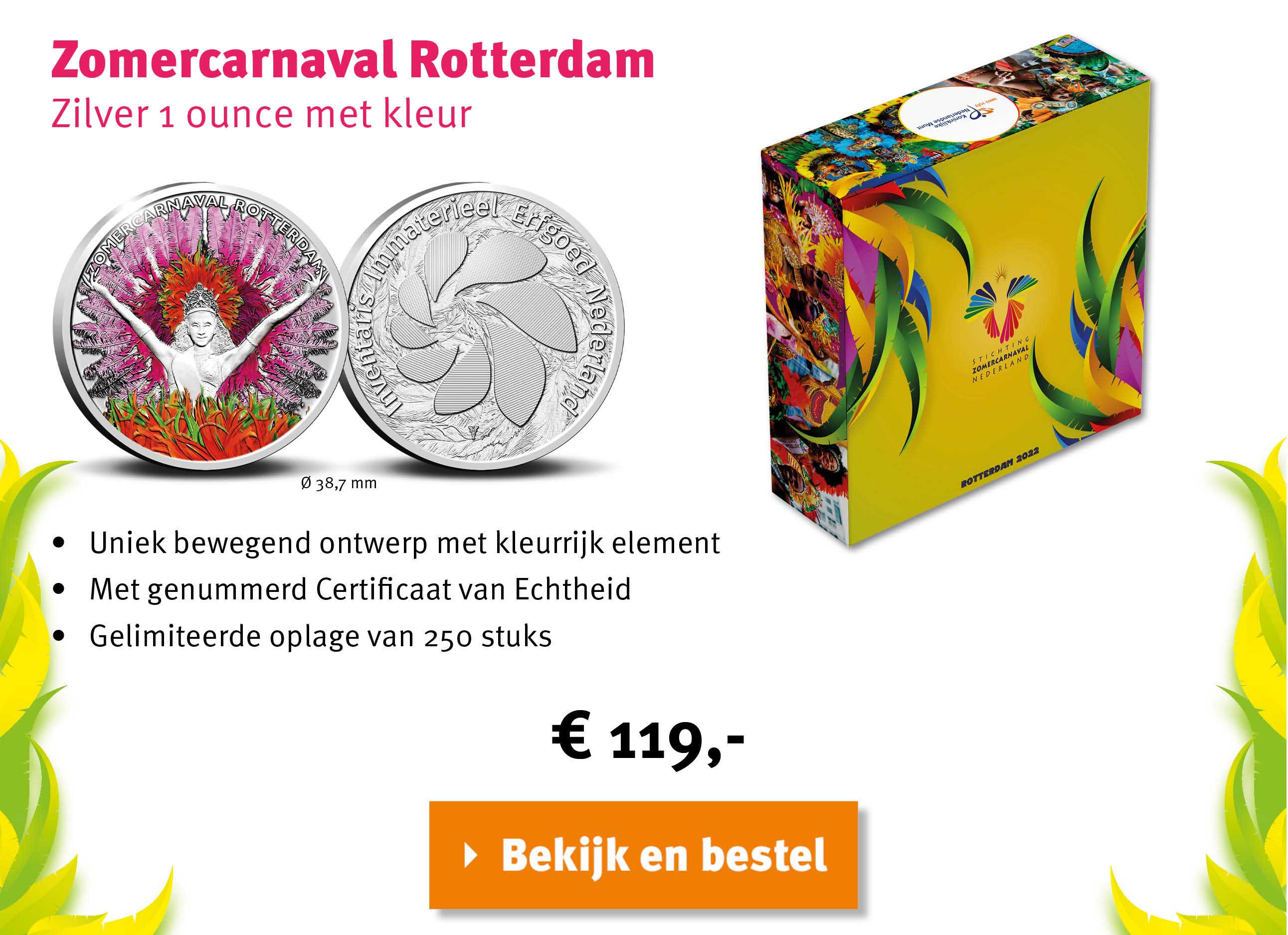 Bekijk en bestel: Zomercarnaval Rotterdam Zilver 1 ounce met kleur