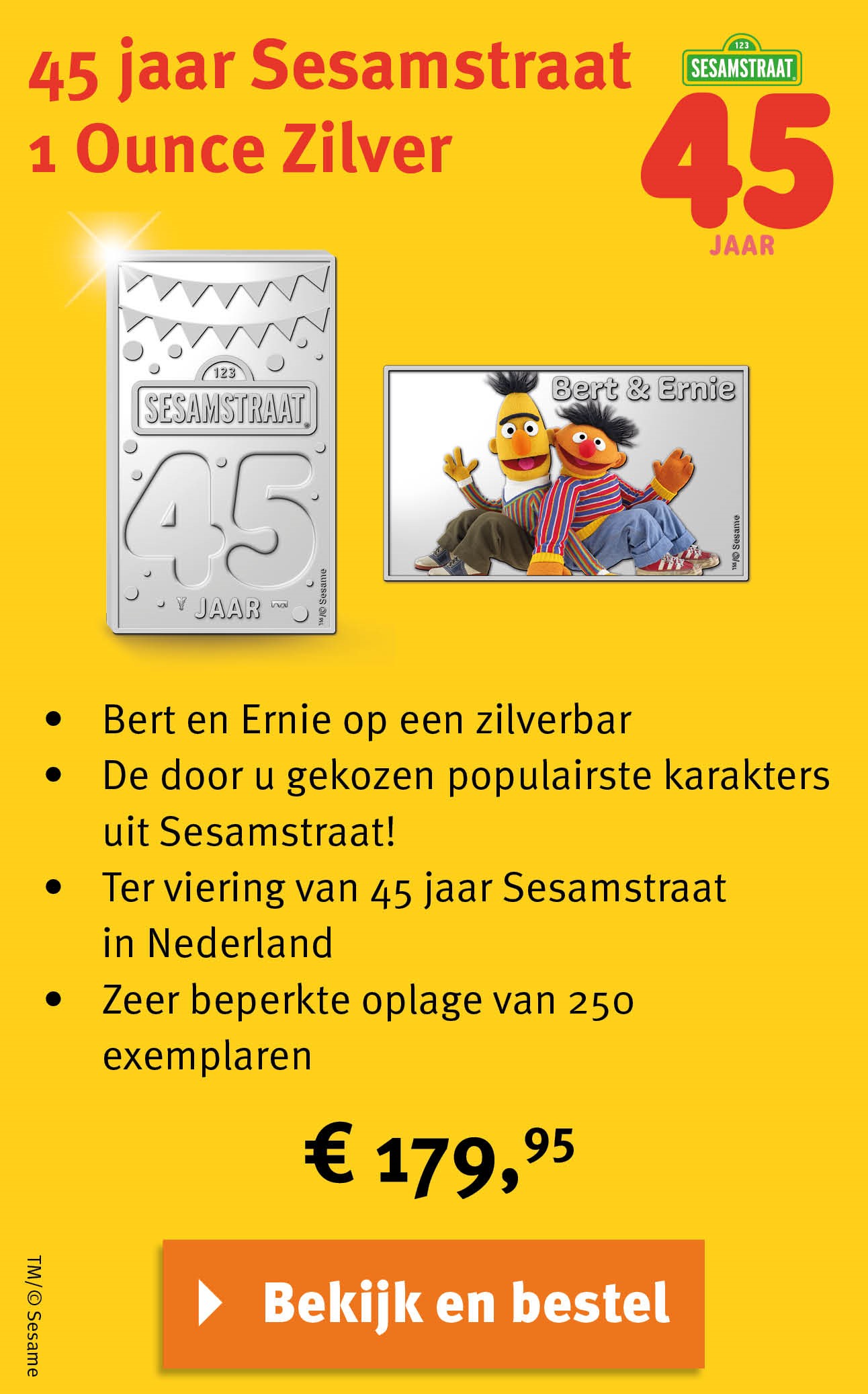 Bekijk en bestel: 45 jaar Sesamstraat 1 Ounce Zilver