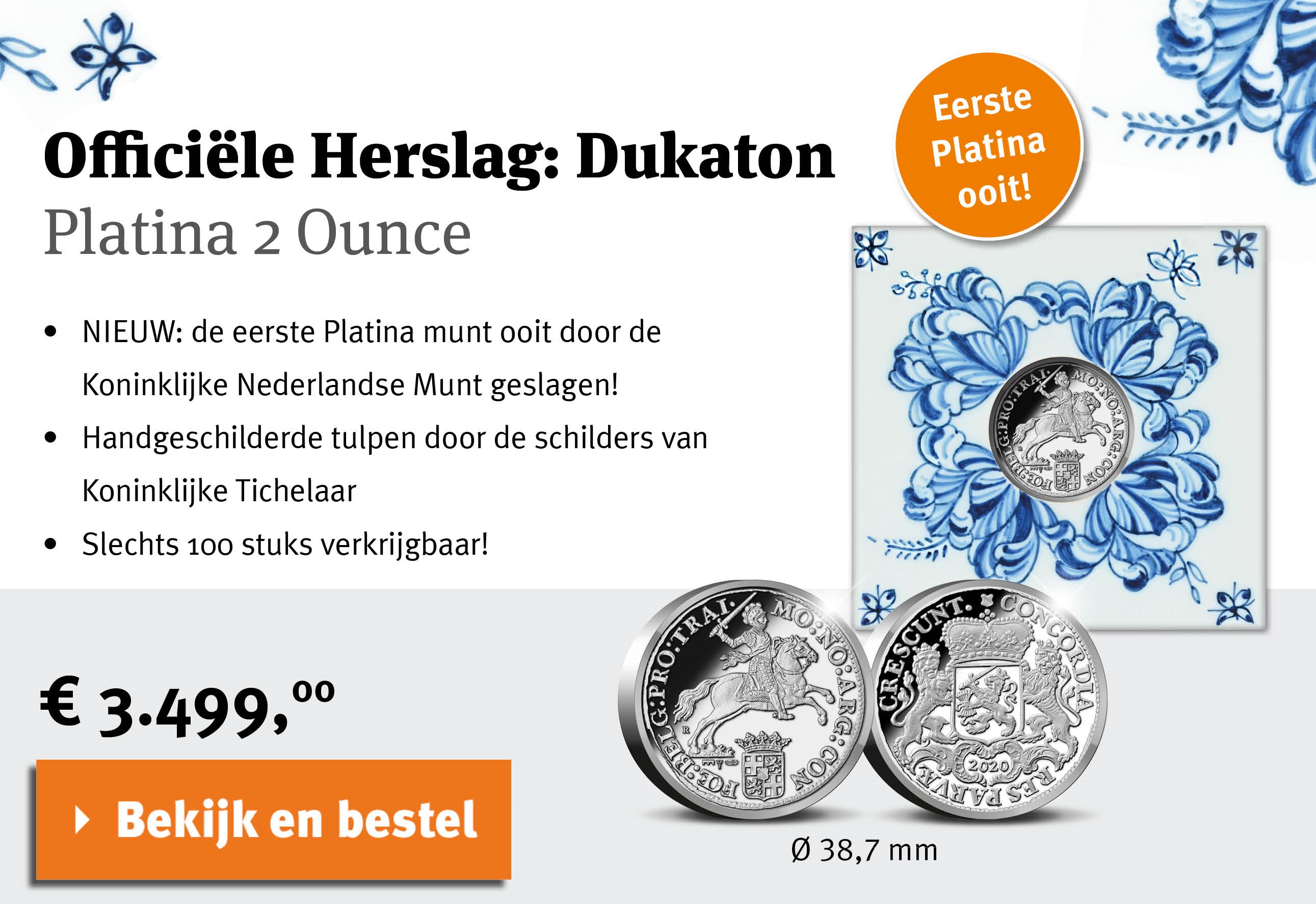 Bekijk en bestel: Officiële Herslag: Dukaton Platina 2 Ounce - Koninklijke Tichelaar editie