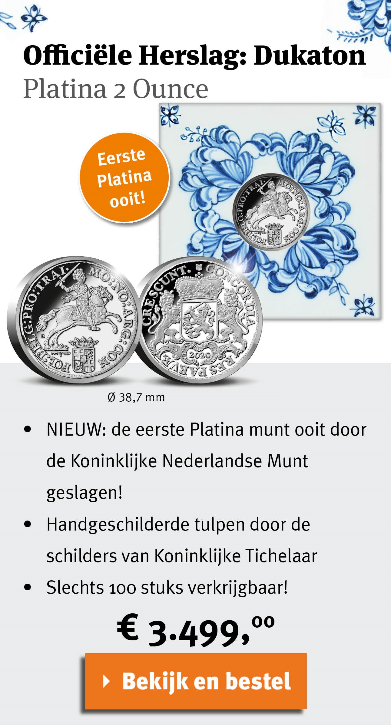 Bekijk en bestel: Officiële Herslag: Dukaton Platina 2 Ounce - Koninklijke Tichelaar editie