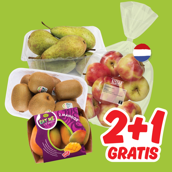 Eetrijpe mango's, Zespri groene kiwi's, Hollandse handperen of Hollandse Elstar appelen