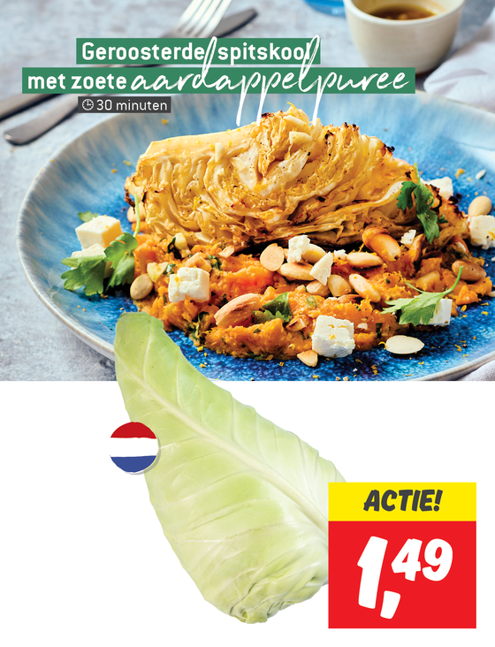 Geroosterde spitskool met zoete aardappelpuree