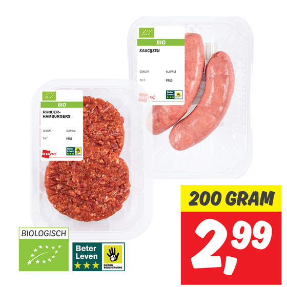 DekaVers biologische saucijzen of runderhamburgers