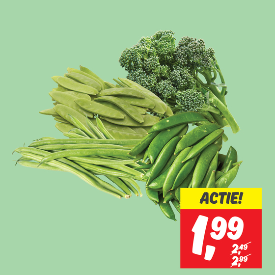 Sugar snaps, bimi, peulen of haricots verts.