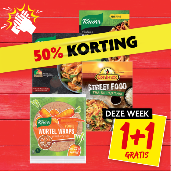 Knorr wereldgerechten, veggie wraps, trattoria of Conimex Streetfood