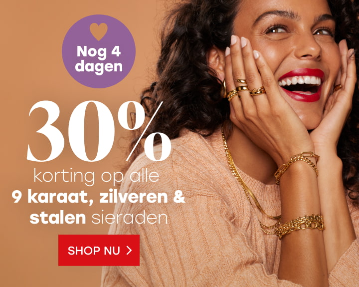 30% korting op alle 9 karaat, zilveren en stalen sieraden