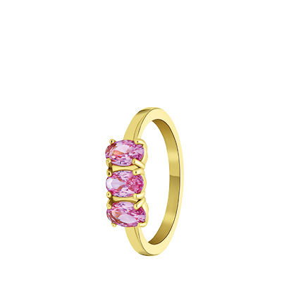 Stalen goldplated vintage ring met drie roze zirkonia