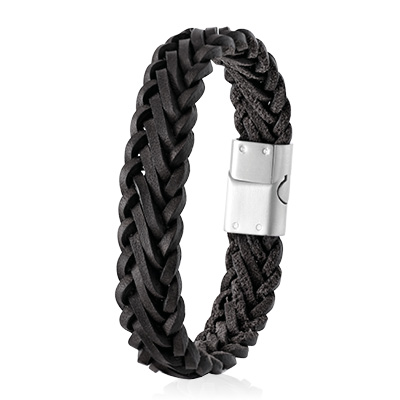 Stalen herenarmband leer zwart