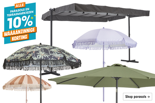 10% korting op alle parasols en terras markiezen