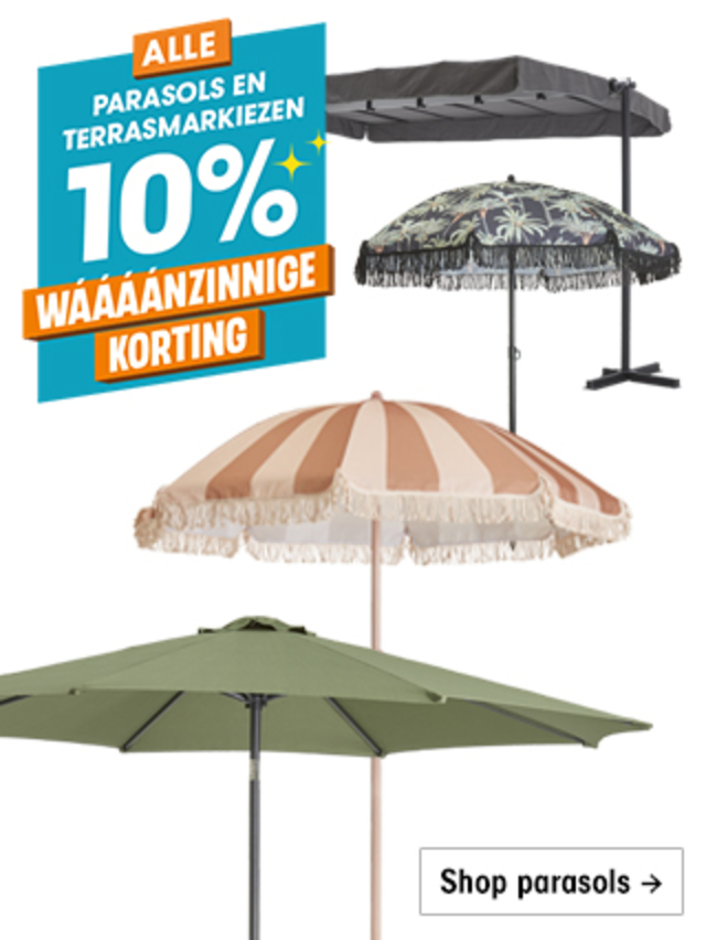 10% korting op alle parasols en terras markiezen