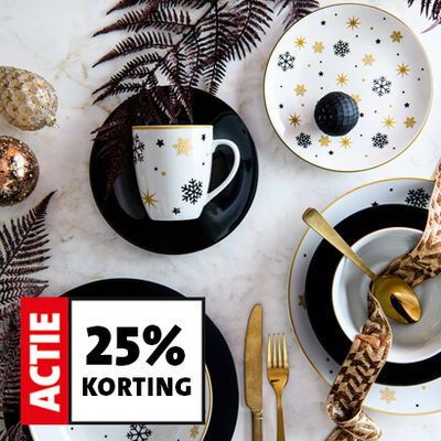 Kerstservies sneeuwvlok of zwart. Aardewerk, diverse onderdelen. Bijvoorbeeld: mok, inhoud 350 ml, Ø 8.5 cm, hoogte 10 cm. 3.99 2.99