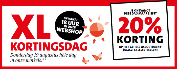 XL Kortingsdag: 20% korting op het gehele assortiment, m.u.v. sale artikelen