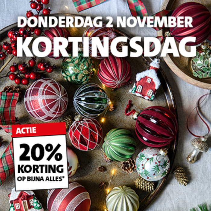 Kortingsdag: donderdag 2 november de gehele dag 20% korting zowel in alle winkels als online 