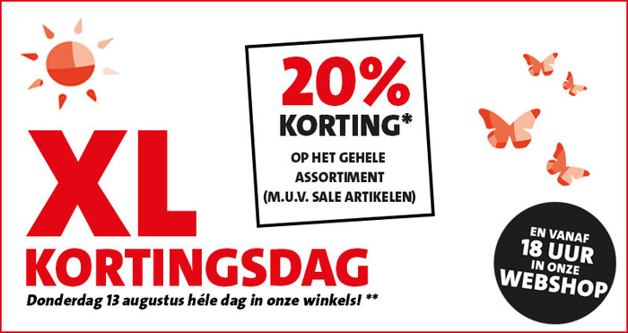 XL Kortingsdag: 20% korting op het gehele assortiment, m.u.v. sale artikelen