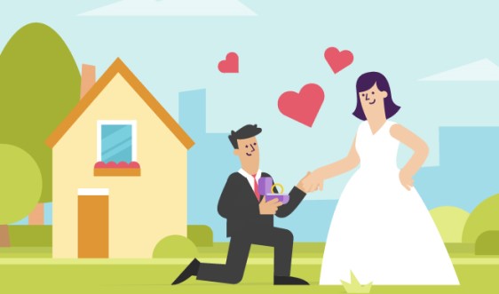 Illustratie van een getrouwde man en vrouw voor een huis.