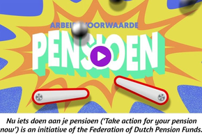 Animated pinball machine, text in Dutch says Arbeidsvoorwaarde Pensioen